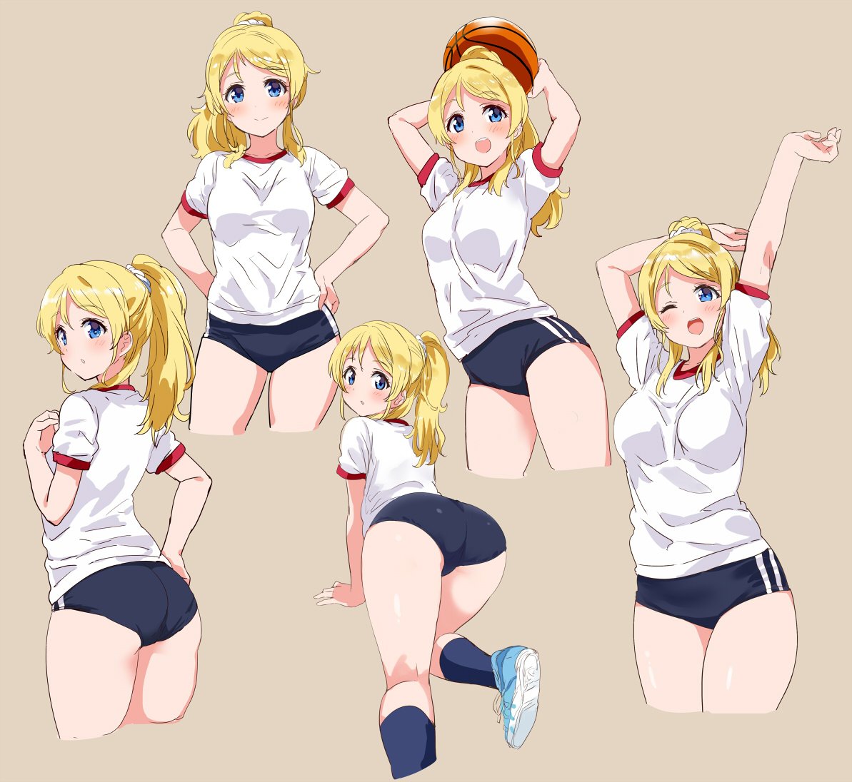 1girl :o ;o all_fours arm_behind_head arms_behind_head arms_up ass ayase_eli ball bangs basketball black_buruma blonde_hair blue_eyes blue_footwear blue_legwear blush breasts brown_background buruma closed_mouth cowboy_shot eyebrows_visible_through_hair from_behind full_body gym_shirt gym_uniform hand_on_hip hands_on_hips high_ponytail holding holding_ball kneehighs kurokawa_makoto legs_together long_hair looking_at_viewer looking_back love_live! love_live!_school_idol_project medium_breasts multiple_views one_eye_closed open_mouth outstretched_arm parted_bangs ponytail scrunchie shiny shiny_hair shiny_skin shirt shoes short_sleeves sidelocks simple_background smile sneakers standing upper_teeth white_scrunchie white_shirt