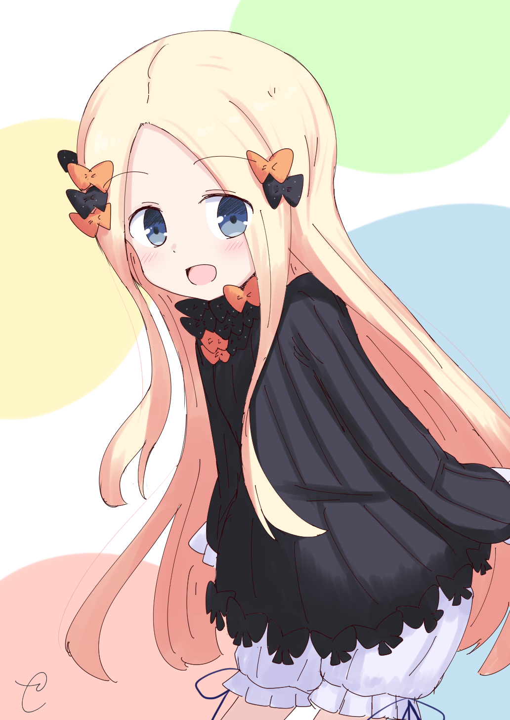 1girl :d abigail_williams_(fate/grand_order) bangs black_bow black_dress blonde_hair bloomers blue_eyes blush bow bug butterfly commentary_request dress eyebrows_visible_through_hair eyes_visible_through_hair fate/grand_order fate_(series) forehead hair_bow highres insect kujou_karasuma leaning_forward long_hair long_sleeves looking_at_viewer no_hat no_headwear open_mouth orange_bow parted_bangs polka_dot polka_dot_bow sleeves_past_fingers sleeves_past_wrists smile solo underwear very_long_hair white_bloomers