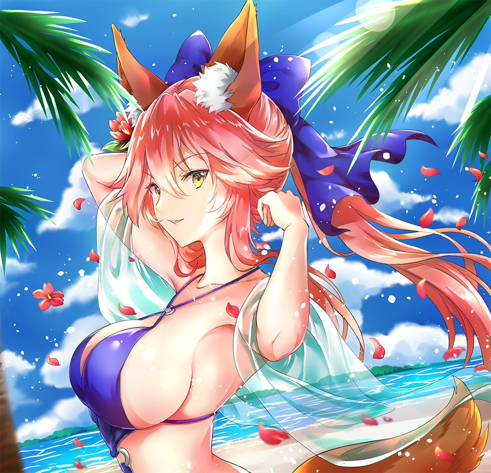 1girl animal_ears armpits arms_up bangs bare_shoulders beach bikini blue_bikini blue_bow blue_sky blurry blurry_foreground bow breasts brown_eyes clouds collarbone commentary_request day depth_of_field dutch_angle eyebrows_visible_through_hair fate/extra fate_(series) flower fox_ears fox_girl fox_tail hair_between_eyes hair_bow hair_flower hair_ornament large_breasts long_hair melynx_(user_aot2846) o-ring o-ring_top ocean outdoors palm_tree parted_lips petals pink_hair red_flower sand see-through sideboob sky smile solo swimsuit tail tamamo_(fate)_(all) tamamo_no_mae_(fate) tree twintails v-shaped_eyebrows water