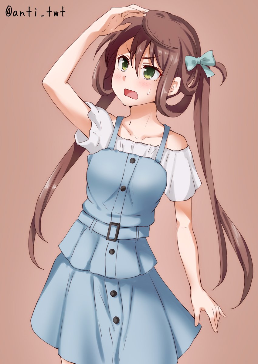 1girl anti_(untea9) arm_up asagumo_(kantai_collection) belt breasts brown_hair casual collarbone commentary_request dress green_eyes hair_ribbon highres long_hair looking_up open_mouth ribbon small_breasts solo sweatdrop twintails twitter_username