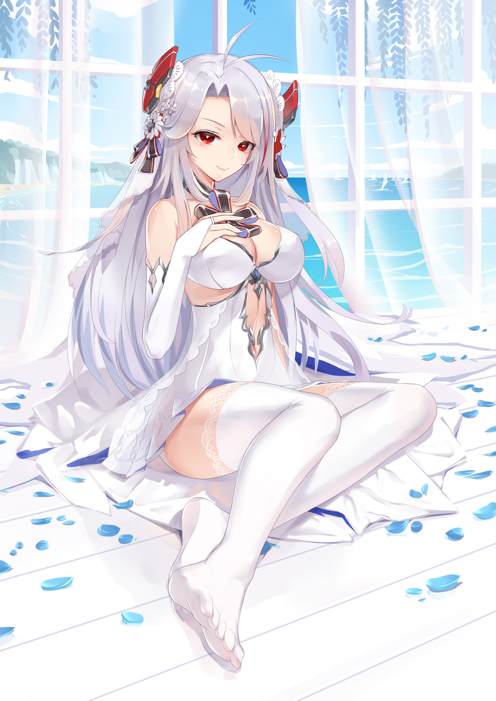 1girl alternate_costume ankle_ribbon antenna_hair arm_support ass azur_lane bangs bare_shoulders beach blue_sky blush breasts bridal_gauntlets bridal_veil brown_eyes cleavage closed_mouth collarbone curtains day dress flower full_body garter_straps gloves hair_between_eyes hair_ornament hand_on_own_chest head_tilt headgear highres indoors iron_cross large_breasts legs_crossed liu_lan long_hair looking_at_viewer multicolored_hair no_bra no_shoes petals prinz_eugen_(azur_lane) redhead ribbon rose sand see-through silver_hair sitting sky smile solo thigh-highs thighs two_side_up underwear veil very_long_hair wedding_dress white_dress white_flower white_gloves white_hair white_legwear yokozuwari