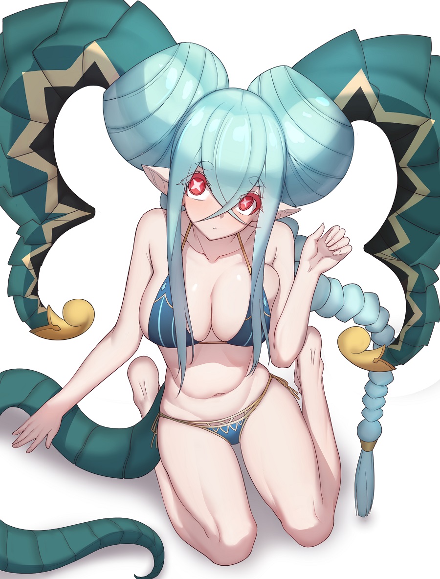 1girl alternate_hairstyle bikini blue_bikini blue_hair breasts cleavage commentary_request double_bun fate/grand_order fate_(series) head_tilt horns k_jin kneeling large_breasts long_hair looking_at_viewer looking_up pointy_ears red_eyes side-tie_bikini singlebraid solo swimsuit symbol-shaped_pupils tail tiamat_(fate/grand_order) very_long_hair