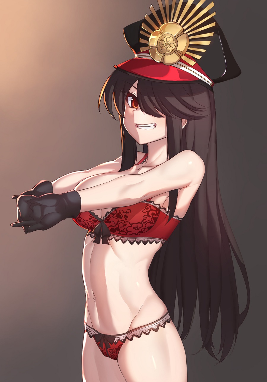 1girl abs alternate_breast_size arms_up black_gloves black_hair bra breasts cowboy_shot eyebrows_visible_through_hair fate/grand_order fate_(series) fingers_together gloves gradient gradient_background grin hair_over_one_eye hat highres interlocked_fingers k_jin large_breasts long_hair looking_at_viewer military_hat navel oda_nobunaga_(fate) orange_eyes own_hands_together panties red_bra red_panties sidelocks simple_background smile solo underwear underwear_only