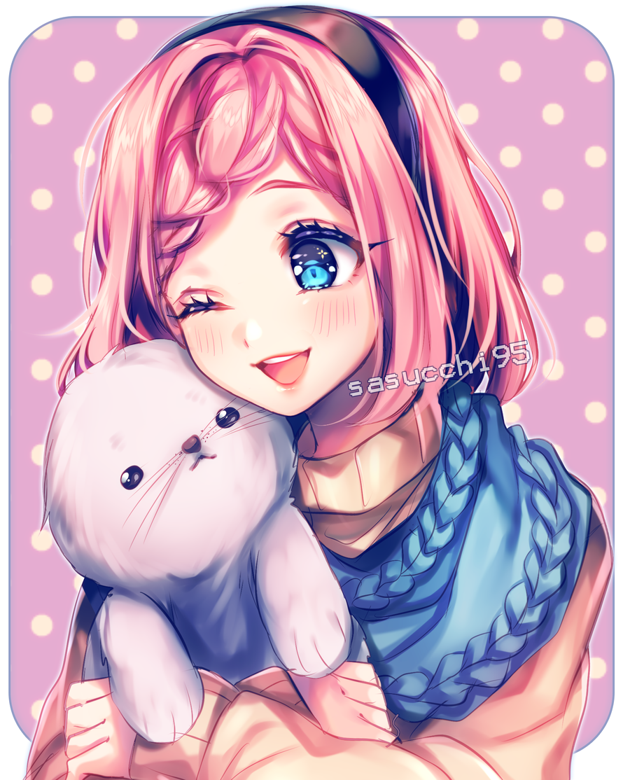 1girl ;d blue_eyes blue_scarf blush braid brown_sweater commission hair_ornament hairband hug one_eye_closed open_mouth original pink_hair sasucchi95 scarf seal short_hair smile sweater