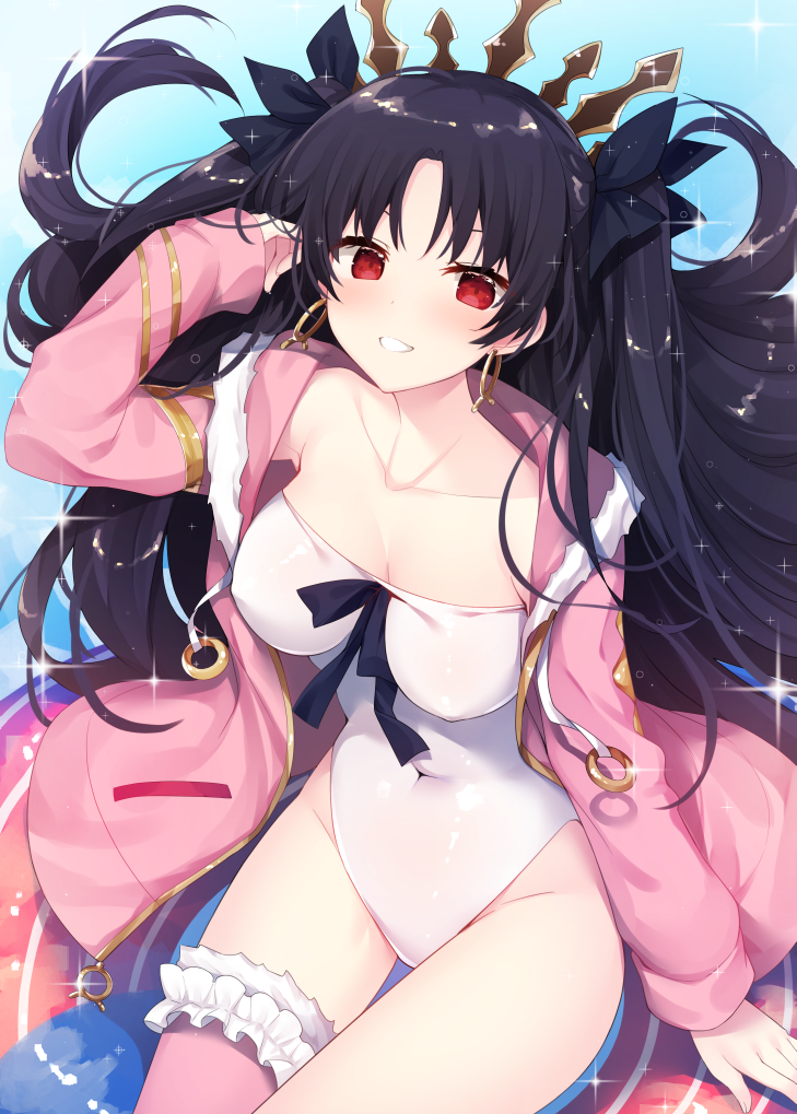 1girl adjusting_hair bangs black_bow black_hair blush bow breasts cleavage collarbone commentary_request covered_navel covered_nipples cowboy_shot earrings fate/grand_order fate_(series) fur-trimmed_hood grin hood hood_down hoodie hoop_earrings impossible_clothes impossible_swimsuit ishtar_(fate/grand_order) ishtar_(swimsuit_rider)_(fate) jewelry leotard long_hair long_sleeves looking_at_viewer medium_breasts miko_92 open_clothes open_hoodie outdoors parted_bangs pink_hoodie pink_legwear red_eyes see-through shiny shiny_hair single_thighhigh sitting smile swimsuit thigh-highs tiara tohsaka_rin two_side_up white_leotard