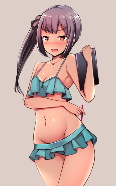 1girl bikini blush breasts eyebrows_visible_through_hair green_bikini grey_background grey_hair ippongui kantai_collection kasumi_(kantai_collection) long_hair looking_at_viewer open_mouth orange_eyes pencil side_ponytail simple_background small_breasts solo sweatdrop swimsuit