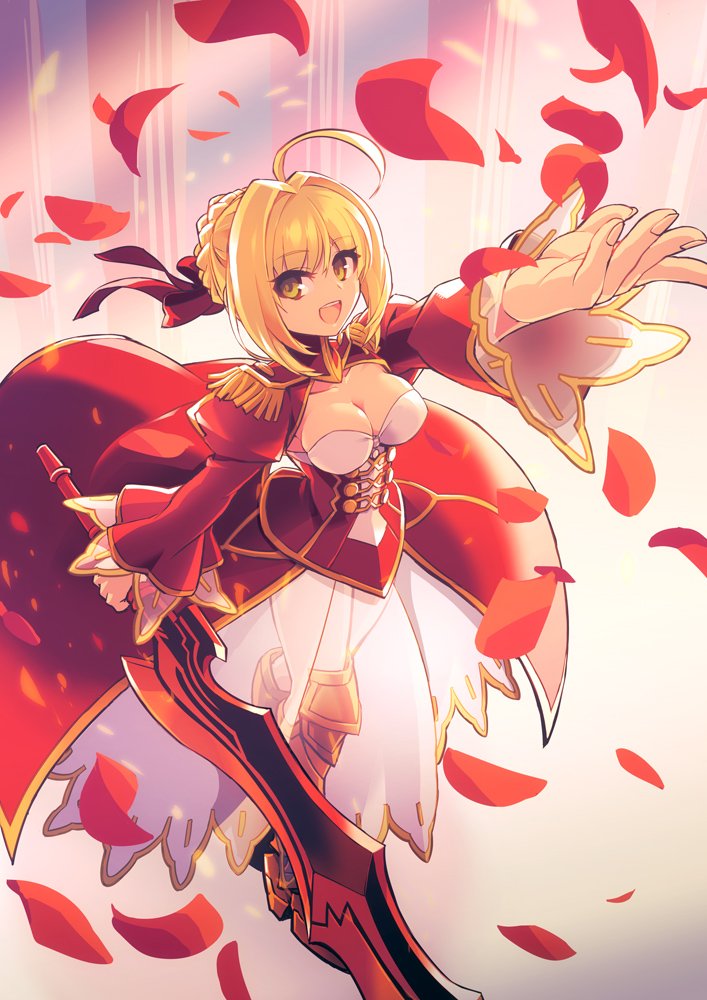 1girl :d aestus_estus ahoge bangs blonde_hair braid breasts chingisu cleavage collarbone dress epaulettes eyebrows_visible_through_hair fate/extra fate_(series) fingernails french_braid green_eyes hair_intakes hair_ribbon holding holding_sword holding_weapon juliet_sleeves long_sleeves medium_breasts nero_claudius_(fate) nero_claudius_(fate)_(all) open_mouth outstretched_arm petals puffy_sleeves red_dress red_ribbon ribbon see-through short_hair smile solo sword teeth weapon