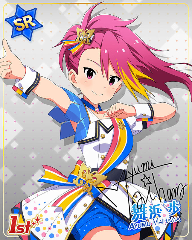 blush dress idolmaster idolmaster_million_live! idolmaster_million_live!_theater_days long_hair maihama_ayumu pink_eyes pink_hair ponytail smile