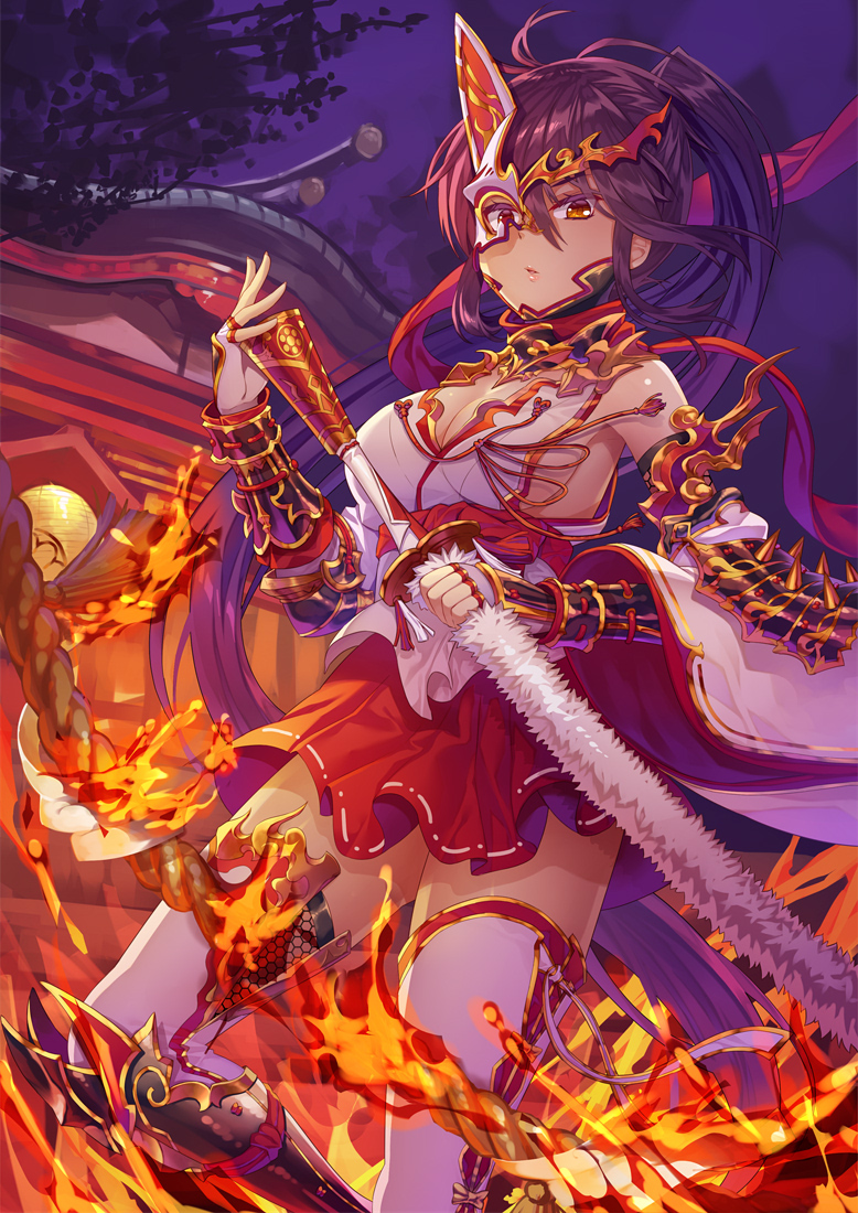 1girl architecture bare_shoulders black_hair bracer breasts cleavage detached_sleeves east_asian_architecture fingerless_gloves gloves kibanda_gohan large_breasts long_hair night night_sky original outdoors ponytail red_eyes red_skirt rope sheath sheathed shrine skirt sky standing sword thigh-highs very_long_hair weapon white_legwear wide_sleeves