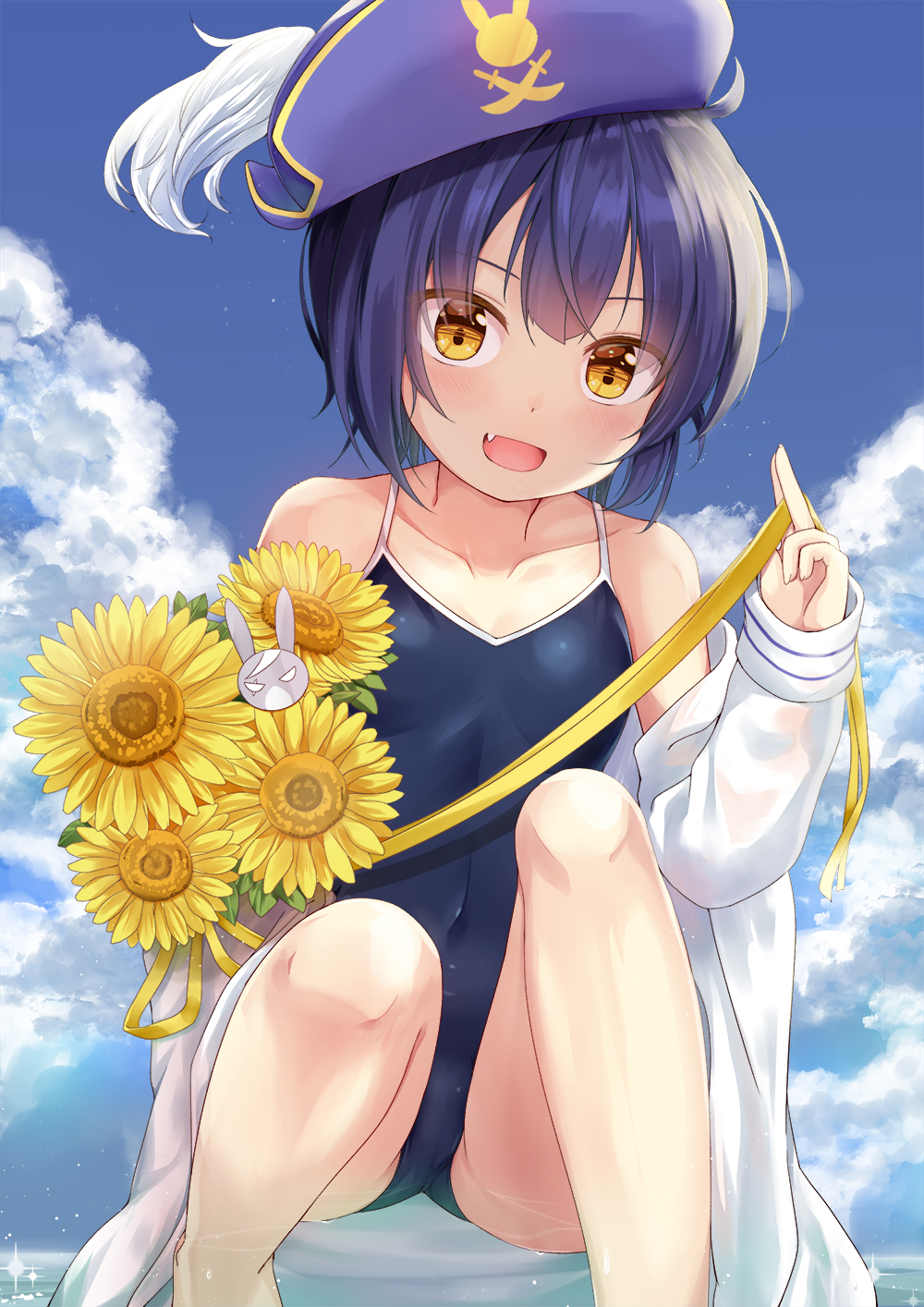 1girl :d bare_legs bare_shoulders barefoot between_fingers blue_eyes blue_hat blue_sky blush brown_eyes clouds collar commentary_request day fang fingernails flower gochuumon_wa_usagi_desu_ka? hat highres holding holding_flower hood hood_down hooded_jacket horizon jacket jouga_maya niiya ocean off_shoulder one-piece_swimsuit open_clothes open_jacket open_mouth outdoors pirate_hat ribbon school_swimsuit short_hair sky sleeves_past_wrists smile solo sparkle squatting sunflower swimsuit water white_jacket wild_geese yellow_flower yellow_ribbon