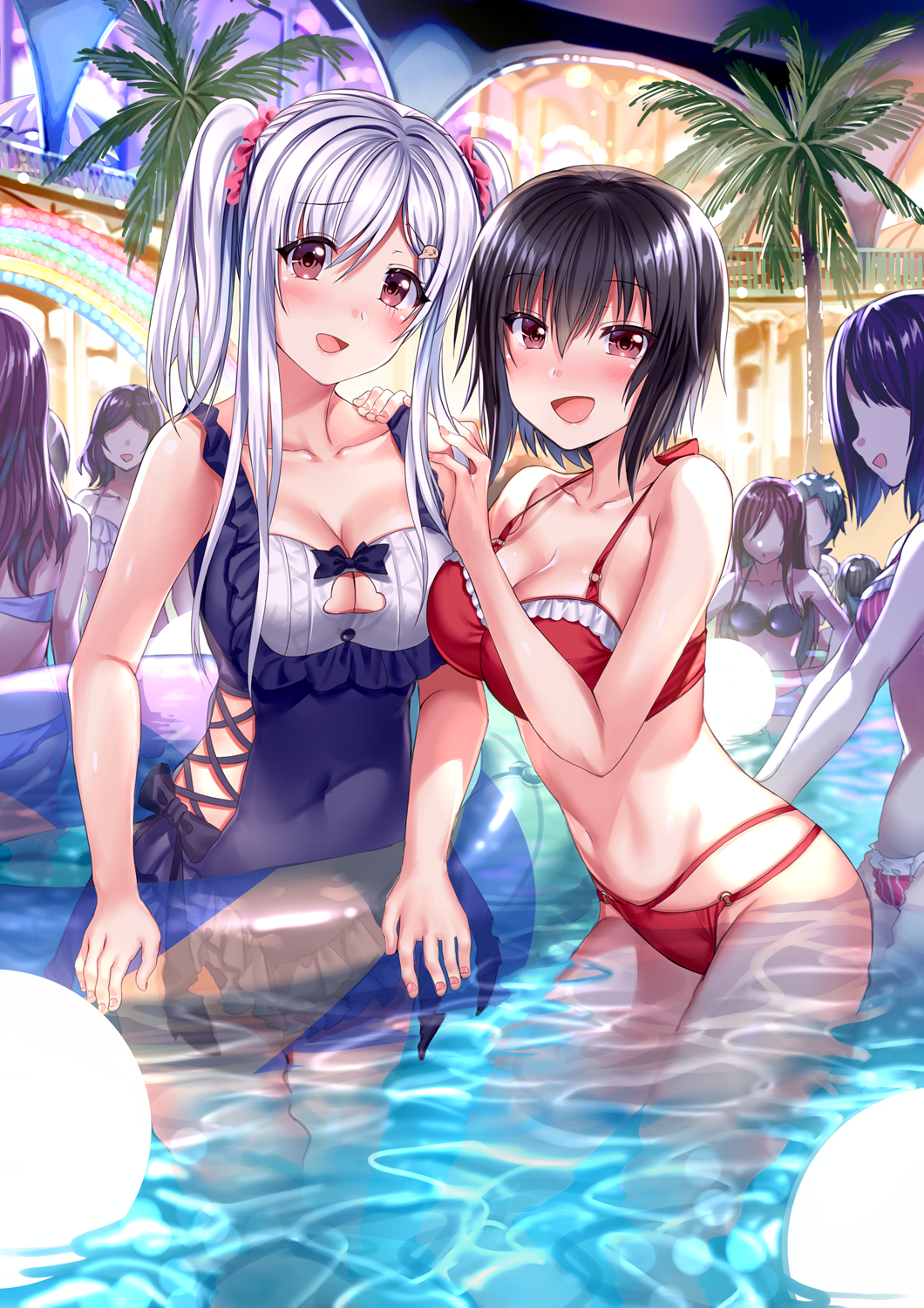 6+girls :d aldehyde bikini black_hair blue_swimsuit blush breasts cleavage collarbone commentary_request covered_navel eyebrows_visible_through_hair faceless faceless_female frilled_swimsuit frills hair_between_eyes hair_ornament hairclip hands_on_another's_shoulder highres imoko_(neeko's_sister) innertube large_breasts long_hair looking_at_viewer multiple_girls neeko o-ring o-ring_bikini one-piece_swimsuit open_mouth original palm_tree pool red_bikini red_eyes short_hair siblings silver_hair sisters smile swimsuit tree twintails wading water