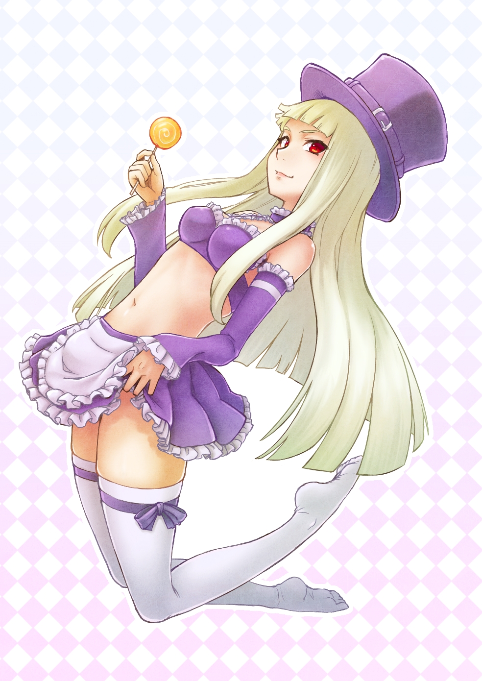 1girl bra candy capcom_fighting_jam commentary_request detached_sleeves food hat highres ingrid kuro_ari_(pixiv) lace lace-trimmed_bra lace-trimmed_skirt lace-trimmed_sleeves lollipop midnight_bliss no_shoes red_eyes ribbon-trimmed_thighhighs skirt solo swirl_lollipop thigh-highs top_hat underwear white_hair white_legwear