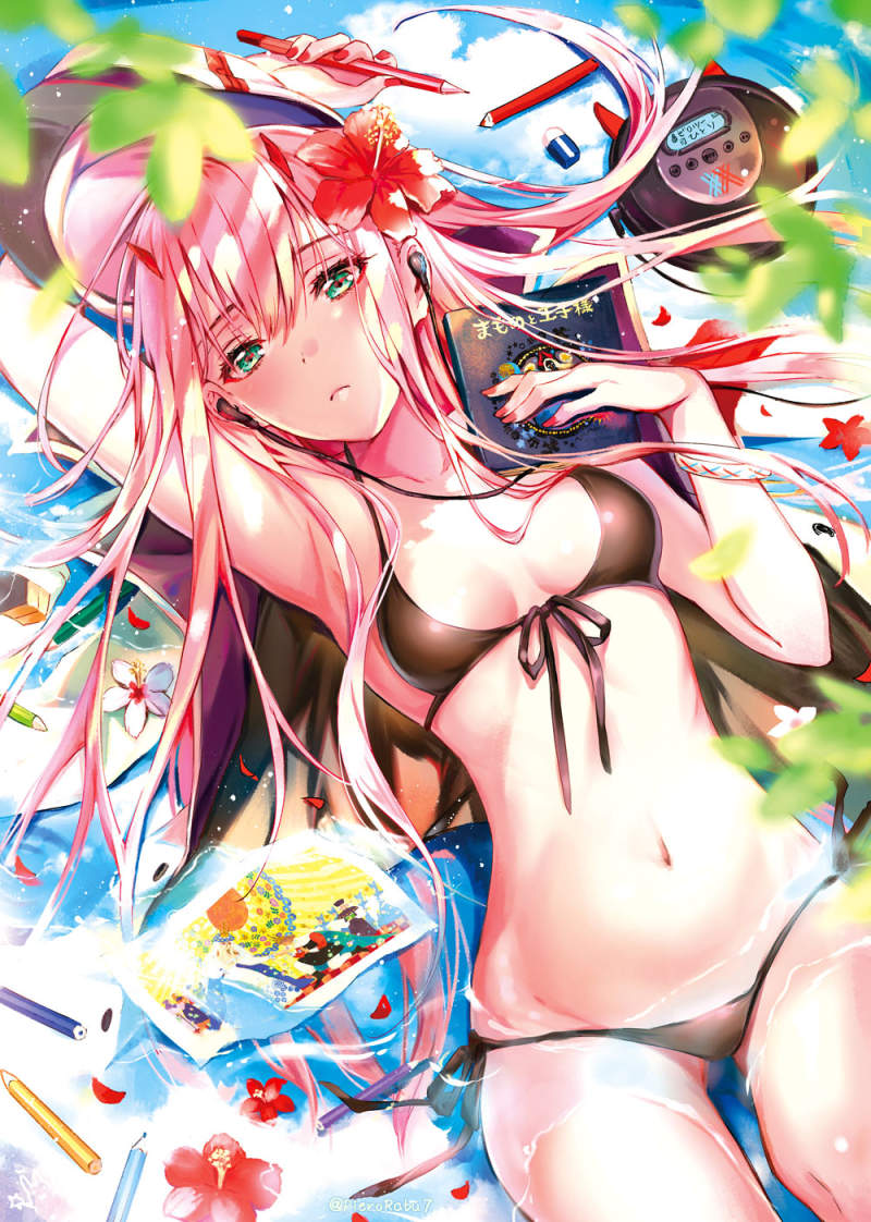 1girl arm_up bangs bikini black_bikini blurry blurry_foreground blush book breasts cd_player closed_mouth colored_pencil commentary_request darling_in_the_franxx depth_of_field dutch_angle earphones earphones eyebrows_visible_through_hair fingernails flower front-tie_bikini front-tie_top green_eyes hair_between_eyes hair_flower hair_ornament holding holding_book horns jpeg_artifacts long_hair looking_at_viewer lying medium_breasts nail_polish navel on_back pencil petals petals_on_liquid pierorabu pink_hair red_flower red_nails solo summer swimsuit very_long_hair water white_flower zero_two_(darling_in_the_franxx)