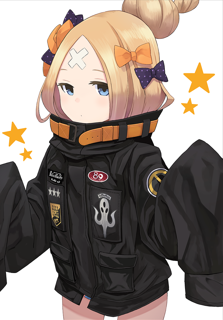 1girl abigail_williams_(fate/grand_order) arashishi bangs black_bow black_jacket blonde_hair blue_eyes blush bow closed_mouth commentary_request crossed_bandaids fate/grand_order fate_(series) hair_bow hair_bun hands_up jacket key long_hair long_sleeves looking_at_viewer orange_bow parted_bangs polka_dot polka_dot_bow simple_background sleeves_past_fingers sleeves_past_wrists solo star white_background