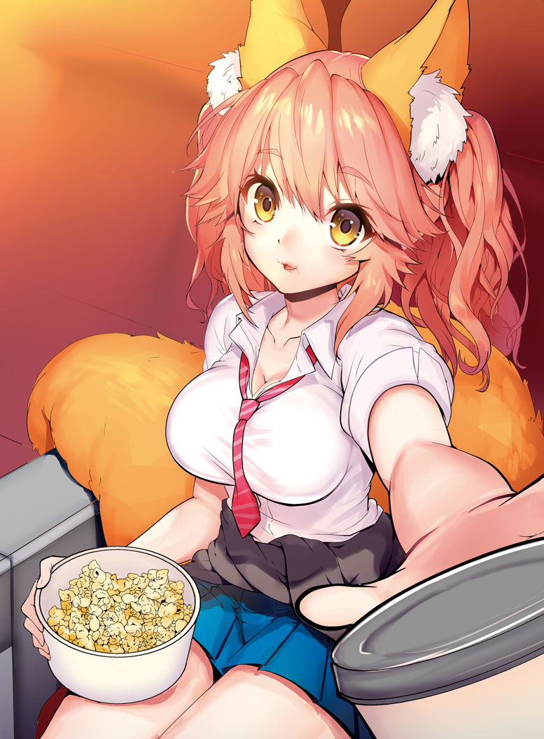 1girl alternate_costume animal_ear_fluff animal_ears breasts cleavage clothes_around_waist eating fate_(series) food fox_ears fox_tail jacket_around_waist large_breasts long_hair looking_at_viewer mogullaz open_mouth pink_hair popcorn school_uniform shirt skirt solo tail tamamo_(fate)_(all) tamamo_jk_(fate) twintails unbuttoned yellow_eyes