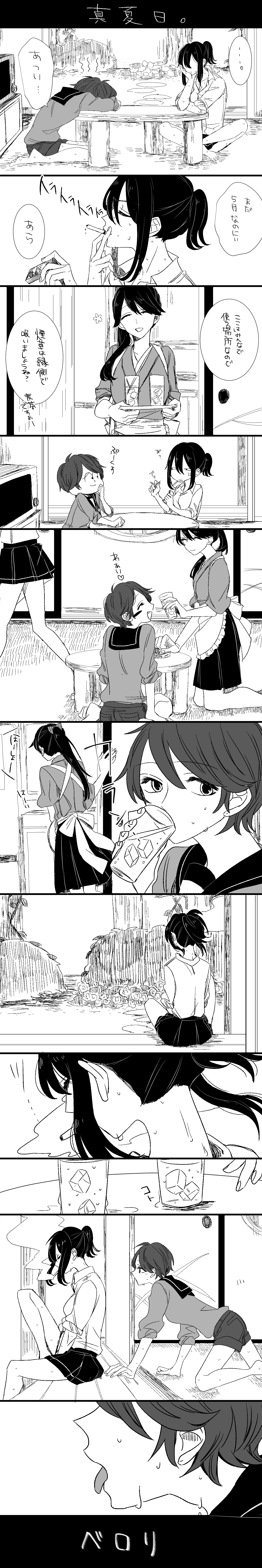 3girls absurdres cigarette comic condensation cup drinking_glass female_admiral_(kantai_collection) hakama hakama_skirt high_ponytail highres houshou_(kantai_collection) japanese_clothes kantai_collection kimono long_image mogami_(kantai_collection) monochrome multiple_girls nape neck ponytail school_uniform serafuku shirt short_hair shorts smoking sweat tall_image tasuki tongue touma_(tomatooo018) translation_request