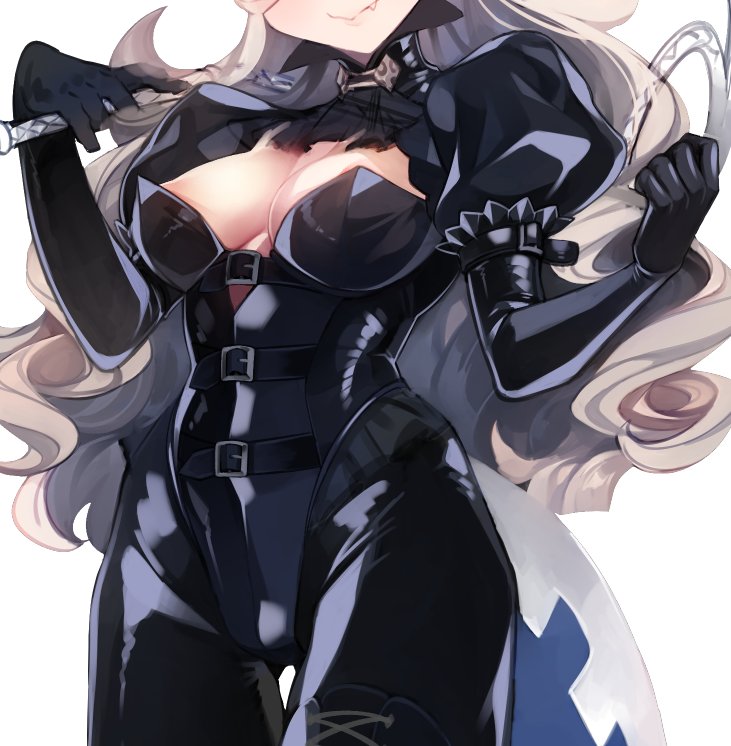 1girl bdsm blush bondage boots bound breasts collar corset dominatrix elbow_gloves female_my_unit_(fire_emblem_if) fire_emblem fire_emblem_if gloves hairband large_breasts latex latex_gloves leather long_hair looking_at_viewer mamkute my_unit_(fire_emblem_if) negiwo pointy_ears red_eyes simple_background smile solo thigh-highs thigh_boots