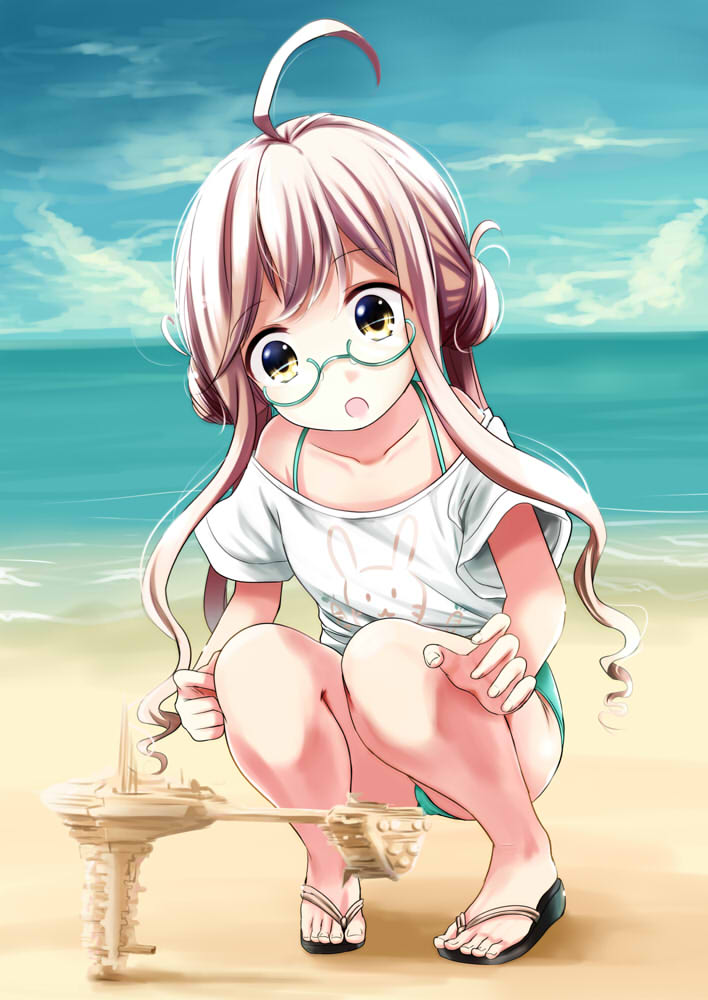 1girl ahoge aqua-framed_eyewear beach bikini blue_sky blush breasts clouds cloudy_sky commentary_request double_bun eyebrows_visible_through_hair full_body glasses kantai_collection kurona long_hair makigumo_(kantai_collection) nebulon-b_frigate ocean open_mouth pink_hair sand_sculpture sandals shirt sky small_breasts solo squatting star_wars swimsuit white_shirt yellow_eyes