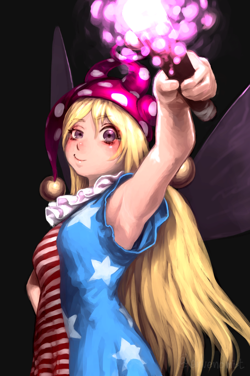 1girl alternate_eye_color american_flag_dress arm_up armpits bare_arms black_background blonde_hair blue_dress blush breasts brown_eyes clownpiece commentary_request dress fairy_wings gengoroumaru_(ambidextrous) hair_between_eyes hand_on_hip hat highres holding holding_torch jester_cap long_hair looking_at_viewer medium_breasts neck_ruff polka_dot_hat purple_hat red_dress revision simple_background smile smirk solo star star_print striped striped_dress torch touhou uneven_eyes upper_body very_long_hair wings