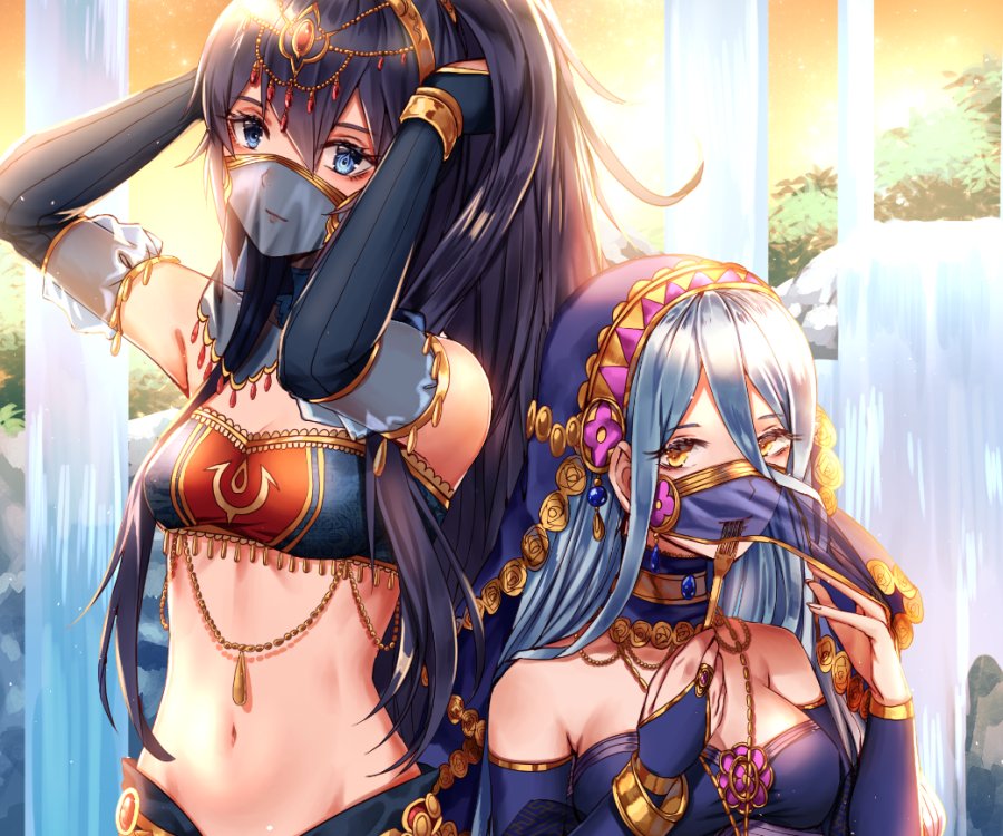 2girls anklet aqua_(fire_emblem_if) arabian_clothes armlet blue_eyes blue_hair blush bracelet breasts cape circlet dancer dress earrings elbow_gloves fingerless_gloves fire_emblem fire_emblem:_kakusei fire_emblem_heroes fire_emblem_if gloves hair_between_eyes hairband harem_outfit jewelry long_hair looking_at_viewer lucina midriff multiple_girls navel necklace see-through smile tiara veil very_long_hair wanini yellow_eyes