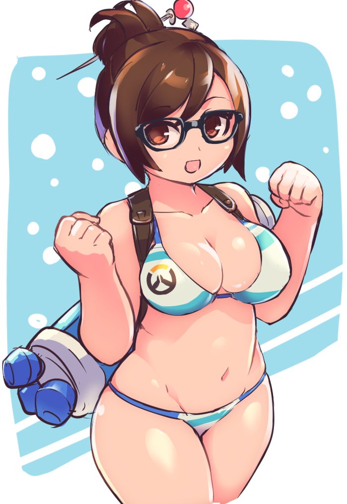 1girl :d bangs bare_arms bare_shoulders bikini black-framed_eyewear breasts brown_hair chingisu cleavage clenched_hands cowboy_shot eyebrows_visible_through_hair glasses groin hair_bun hair_ornament hair_stick hands_up large_breasts mei_(overwatch) navel open_mouth orange_eyes overwatch short_hair smile solo stomach striped striped_bikini swept_bangs swimsuit