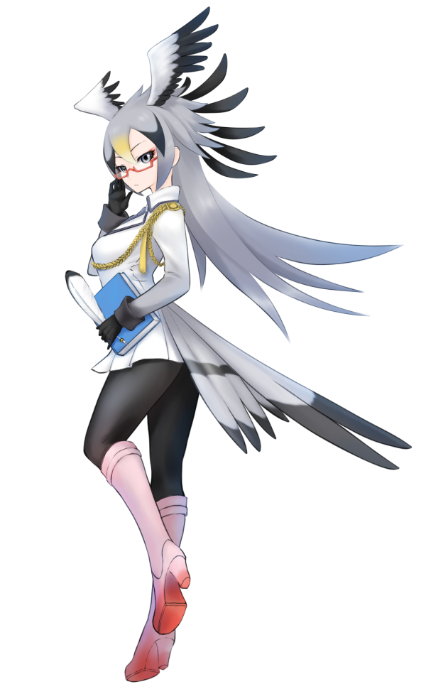 1girl bird_tail black_gloves black_legwear blonde_hair book boots full_body gloves grey_eyes grey_hair hand_on_eyewear head_wings high_heel_boots high_heels ise_(0425) kemono_friends knee_boots long_hair long_sleeves looking_at_viewer multicolored_hair pantyhose pink_footwear quill red-framed_eyewear secretarybird_(kemono_friends) semi-rimless_eyewear serious simple_background solo standing under-rim_eyewear white_background