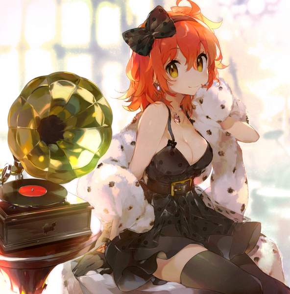 1girl ahoge bare_shoulders black_dress black_legwear bloom bow breasts cleavage commentary_request dress earrings eyebrows_visible_through_hair fate/grand_order fate_(series) feather_boa fujimaru_ritsuka_(female) hair_between_eyes hair_bow jewelry namie-kun necklace one_side_up orange_hair phonograph polka_dot polka_dot_dress sitting smile solo thigh-highs yellow_eyes
