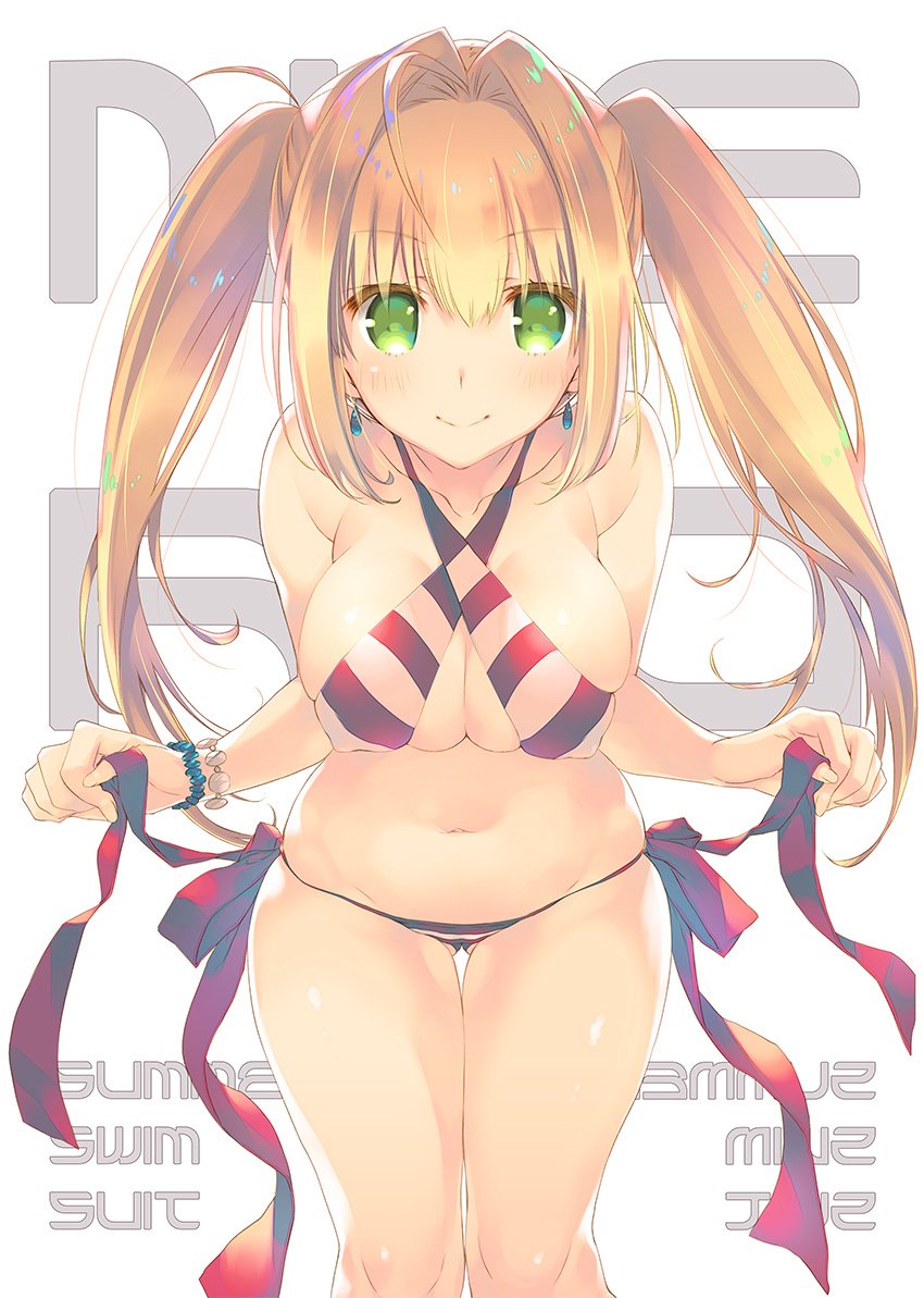 1girl ahoge bikini blonde_hair bracelet breasts cleavage criss-cross_halter earrings eyebrows_visible_through_hair fate/grand_order fate_(series) green_eyes hair_intakes halterneck jewelry large_breasts leaning_forward long_hair mitsumi_misato navel nero_claudius_(fate)_(all) nero_claudius_(swimsuit_caster)_(fate) side-tie_bikini skindentation smile solo striped striped_bikini swimsuit twintails