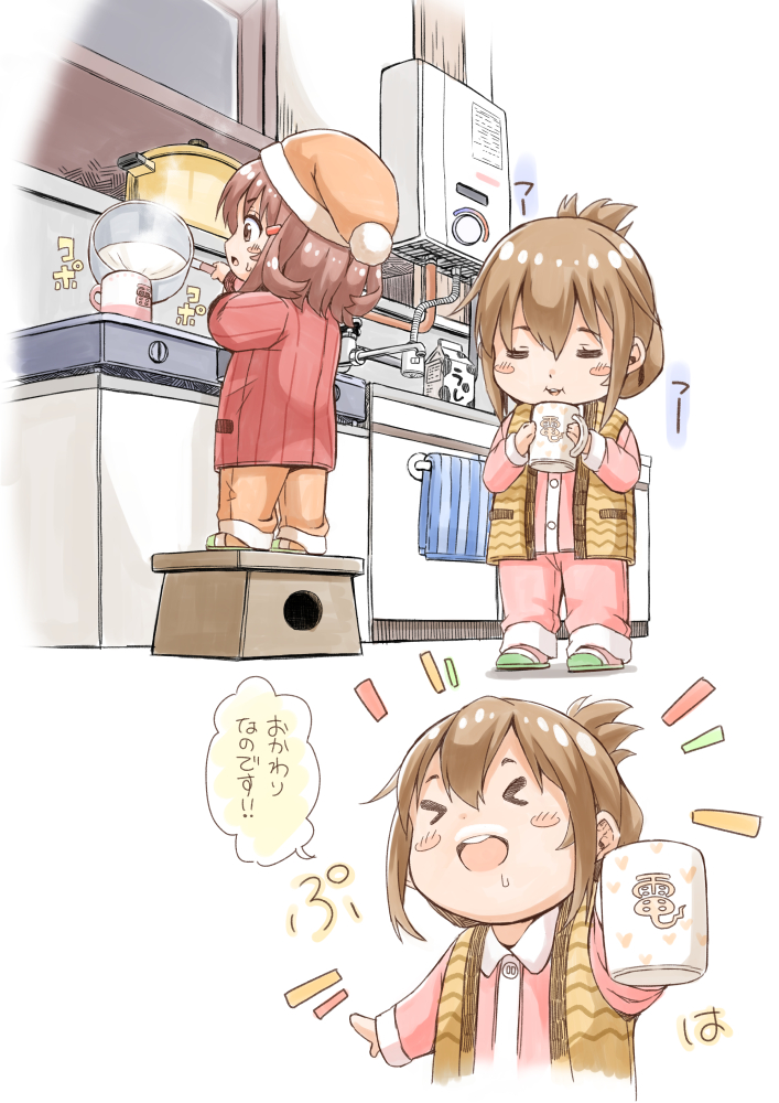 &gt;_&lt; 2girls blush_stickers boiler brown_eyes brown_hair chibi closed_eyes cup folded_ponytail fujishima_shinnosuke hair_ornament hairclip ikazuchi_(kantai_collection) inazuma_(kantai_collection) kantai_collection kitchen long_hair milk milk_carton mug multiple_girls open_mouth orange_pajamas pajamas pink_pajamas saucepan short_hair slippers smile steam