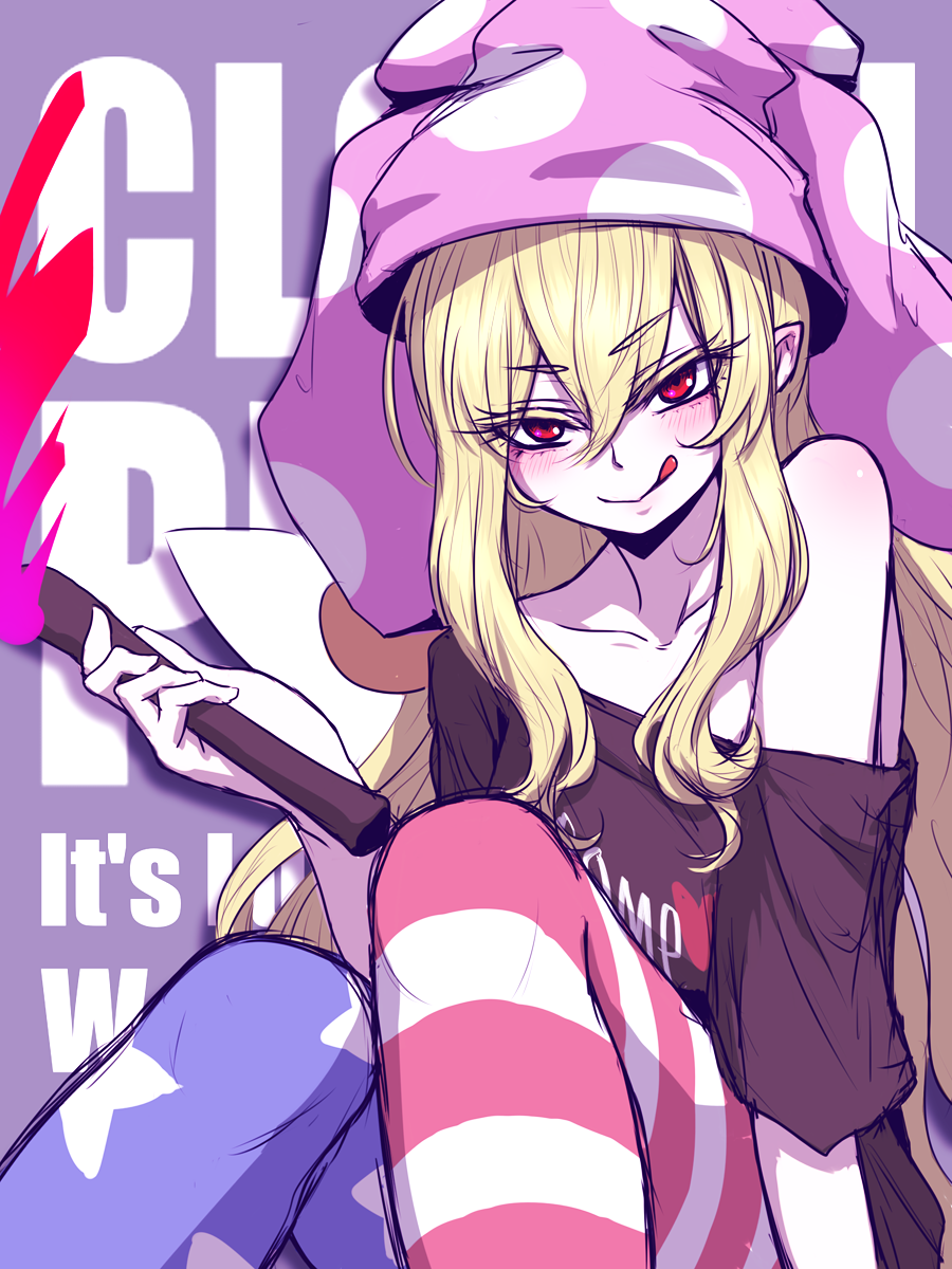 1girl :q american_flag_legwear arm_support bare_shoulders black_shirt blonde_hair blush character_name clothes_writing clownpiece collarbone colored_eyelashes commentary cosplay eyebrows_visible_through_hair fairy_wings feet_out_of_frame hair_between_eyes hat hecatia_lapislazuli hecatia_lapislazuli_(cosplay) highres holding holding_torch jester_cap knees_up long_hair looking_at_viewer miata_(miata8674) off-shoulder_shirt off_shoulder pale_skin pantyhose pink_hat polka_dot_hat purple_background red_eyes shirt short_sleeves sidelocks sitting solo star star_print striped striped_legwear tongue tongue_out torch touhou v-shaped_eyebrows very_long_hair wings