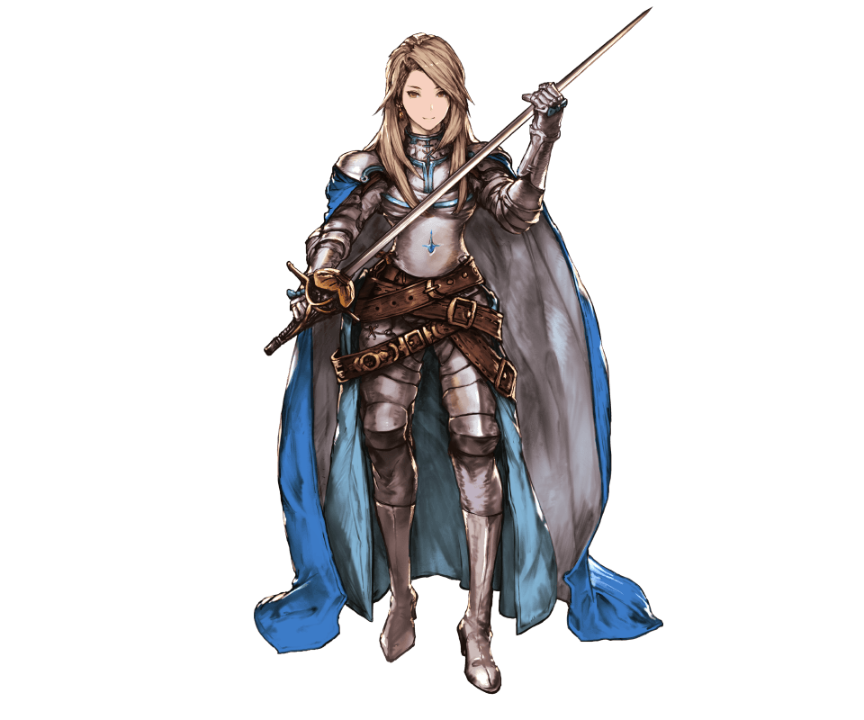 1girl armor belt belt_buckle boots breasts brown_eyes brown_hair buckle cape earrings full_body gauntlets gloves granblue_fantasy grey_footwear holding holding_weapon jewelry katalina_aryze knee_boots long_hair looking_at_viewer minaba_hideo official_art pauldrons ribbon sheath shoulder_armor shoulder_pads simple_background solo standing sword transparent_background weapon