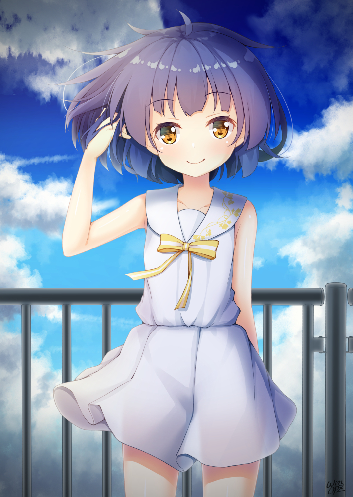 1girl artist_request blue_hair blue_sky clouds collarbone commentary_request cowboy_shot day dress eyebrows_visible_through_hair gochuumon_wa_usagi_desu_ka? hand_in_hair hand_up jouga_maya looking_at_viewer outdoors railing ribbon short_hair sky sleeveless sleeveless_dress smile solo white_dress win_opz yellow_eyes yellow_ribbon