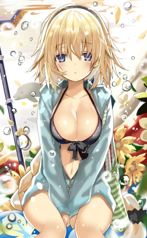 1girl bangs between_legs black_hairband blonde_hair blue_eyes blush bow breasts chestnut_mouth cleavage collarbone commentary_request cropped_legs eyebrows_visible_through_hair fate/grand_order fate_(series) flower green_shirt hairband hand_between_legs jeanne_d'arc_(fate)_(all) jeanne_d'arc_(swimsuit_archer) long_sleeves shino_(eefy) shirt short_hair solo striped yellow_flower