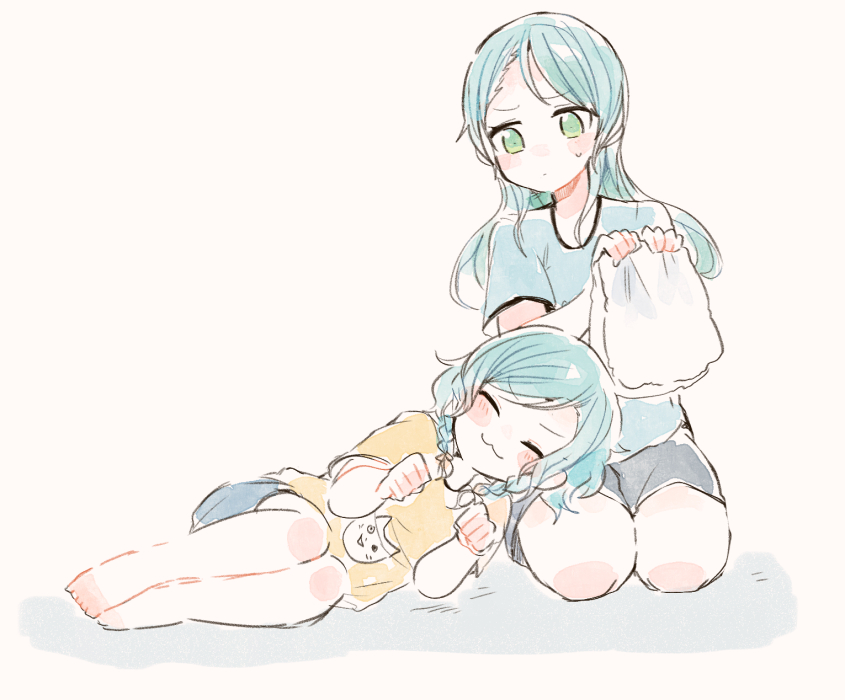 2girls :3 bang_dream! blue_hair blush_stickers braid casual closed_eyes frown green_eyes hikawa_hina hikawa_sayo itomugi-kun lap_pillow long_hair multiple_girls short_hair siblings sisters smile twin_braids twins