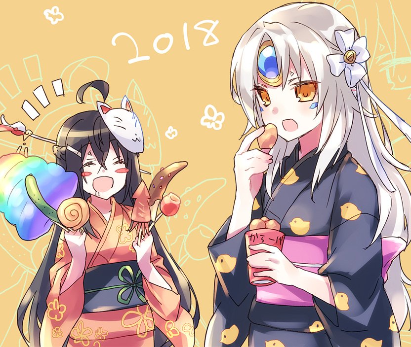 2018 2girls ara_han code:_nemesis_(elsword) eating elsword eve_(elsword) eyebrows_visible_through_hair facial_mark food forehead_jewel fox_mask mask mask_on_head multiple_girls new_year sakra_devanam_(elsword) saliva smile traditional_clothes wanko_(takohati8)