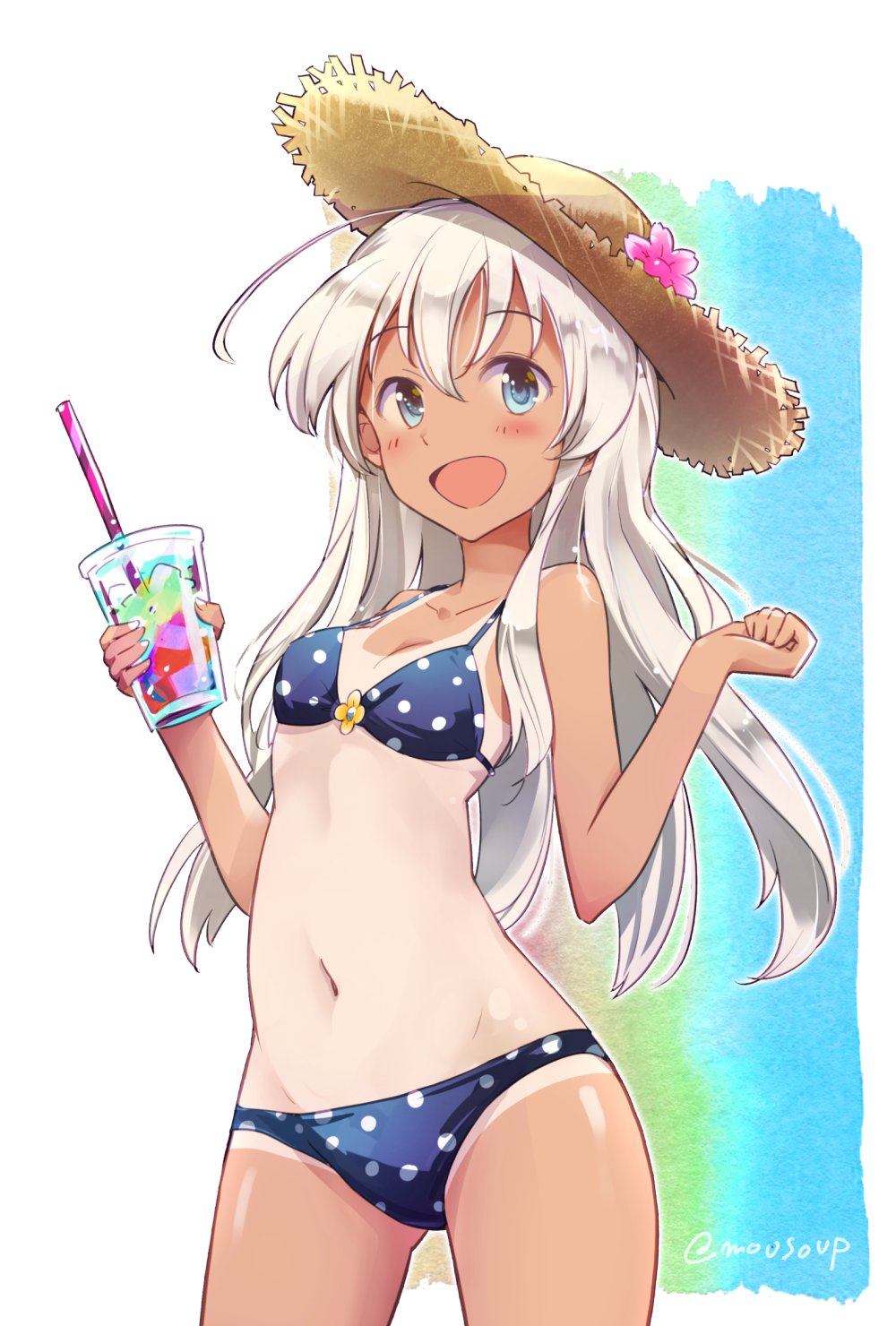 1girl ahoge bangs bikini blue_eyes blush cowboy_shot cup drinking_straw eyebrows_visible_through_hair flower hair_between_eyes hair_flower hair_ornament hat highres holding kantai_collection long_hair looking_at_viewer moupii_(hitsuji_no_ki) navel one-piece_tan open_mouth polka_dot polka_dot_bikini ro-500_(kantai_collection) simple_background smile solo standing straw_hat string_bikini swimsuit tan tanline white_hair