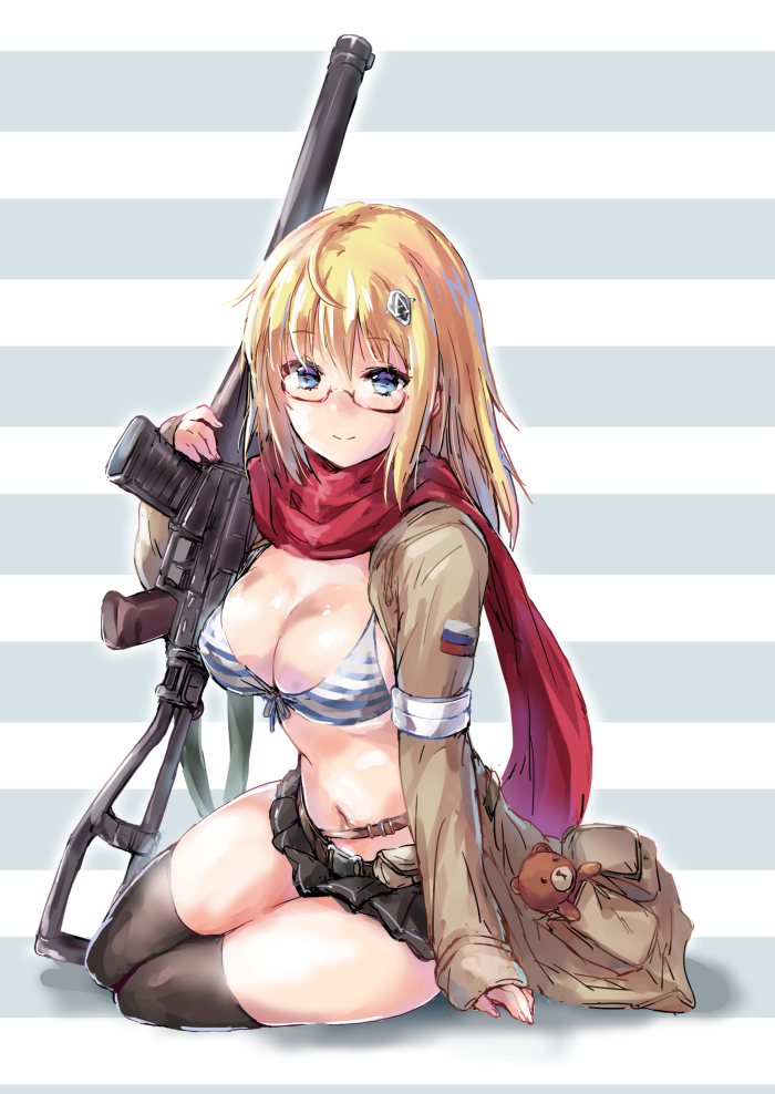 1girl as_val as_val_(girls_frontline) assault_rifle black_hair blonde_hair blue_eyes breasts cleavage girls_frontline gun hair_ornament long_sleeves matsukura_nemu open_clothes open_shirt rifle russian_flag scarf skirt striped_bikini_top thigh-highs weapon