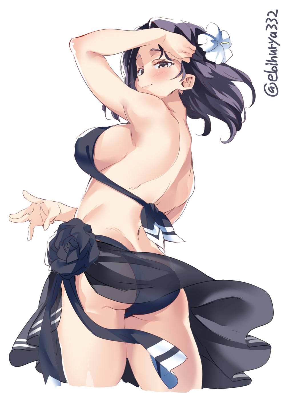 1girl adjusting_hair ass back bikini blush breasts brown_eyes closed_mouth ebifurya flower from_behind hair_flower hair_ornament highres kantai_collection large_breasts looking_at_viewer medium_hair purple_hair sarong simple_background smile solo swimsuit tatsuta_(kantai_collection) twitter_username white_background