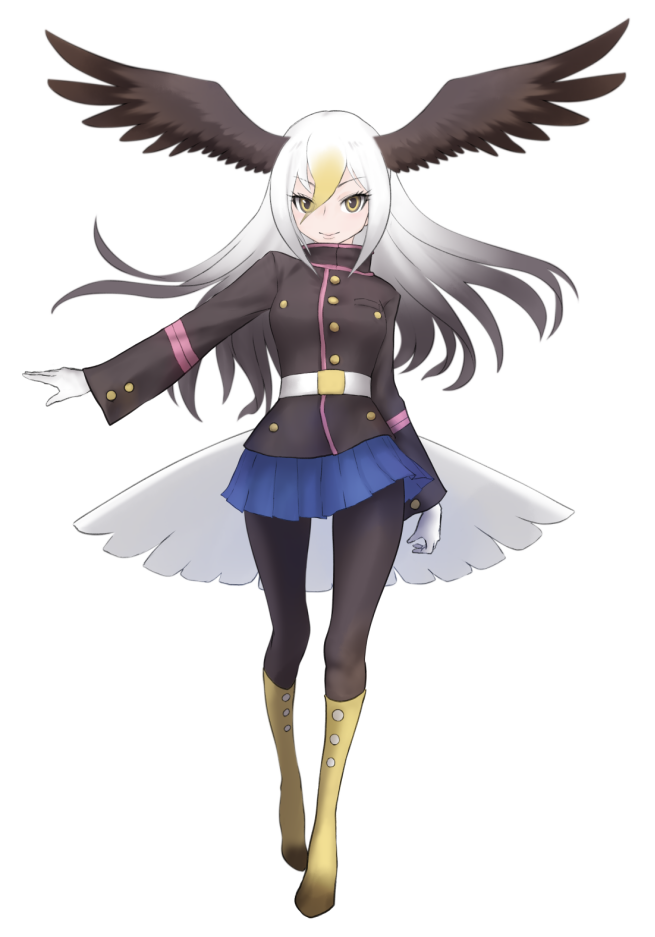 1girl bald_eagle_(kemono_friends) baweng_satanic_leaf_gecko_(kemono_friends) belt bird_tail black_jacket black_legwear blonde_hair blue_skirt boots eyebrows_visible_through_hair full_body gloves gradient_hair grey_hair hair_between_eyes head_wings ise_(0425) jacket kemono_friends knee_boots long_hair long_sleeves looking_at_viewer multicolored_hair outstretched_arm pantyhose pleated_skirt simple_background skirt smile solo spread_wings standing v-shaped_eyebrows white_background white_gloves white_hair yellow_eyes yellow_footwear