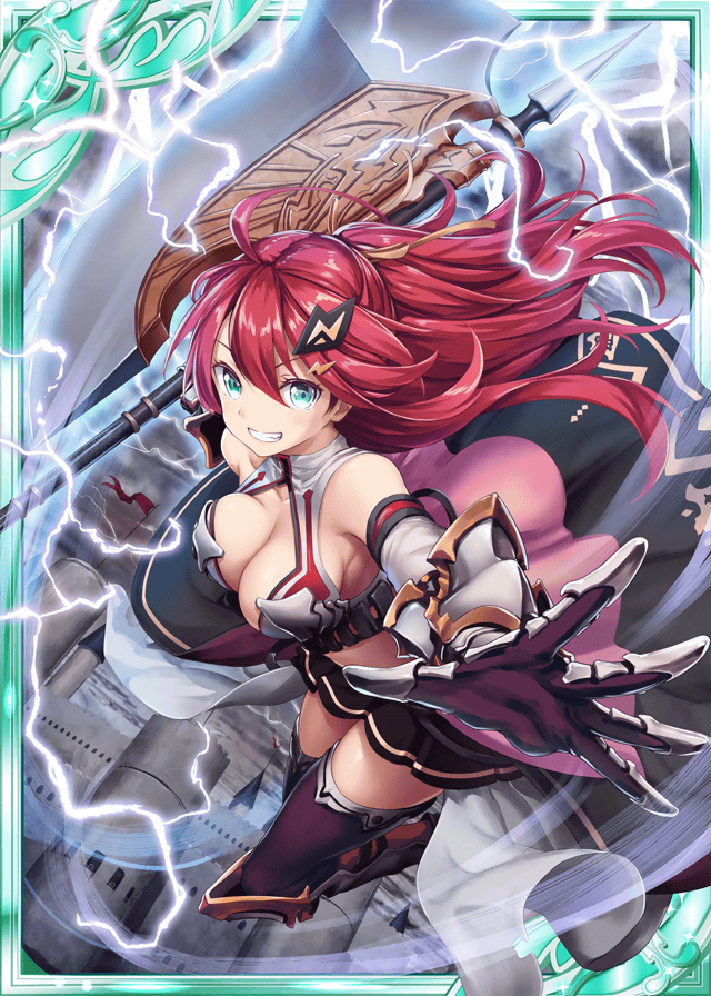 1girl akkijin aqua_eyes armor axe bare_shoulders bolt breasts card_(medium) castle dress hair_ornament holding holding_weapon large_breasts lightning looking_at_viewer official_art outdoors pink_dress redhead shinkai_no_valkyrie storm storm_cloud thigh-highs weapon