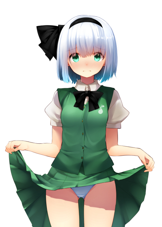 1girl bangs black_bow black_hairband black_neckwear black_ribbon blush bow bowtie breasts commentary_request cowboy_shot embarrassed eyebrows_visible_through_hair green_eyes green_skirt green_vest hair_between_eyes hair_ribbon hairband konpaku_youmu lifted_by_self looking_at_viewer nigo_(aozoragarou) panties pleated_skirt puffy_short_sleeves puffy_sleeves ribbon shirt short_hair short_sleeves silver_hair simple_background skirt small_breasts solo standing thighs touhou underwear vest white_background white_panties white_shirt wing_collar