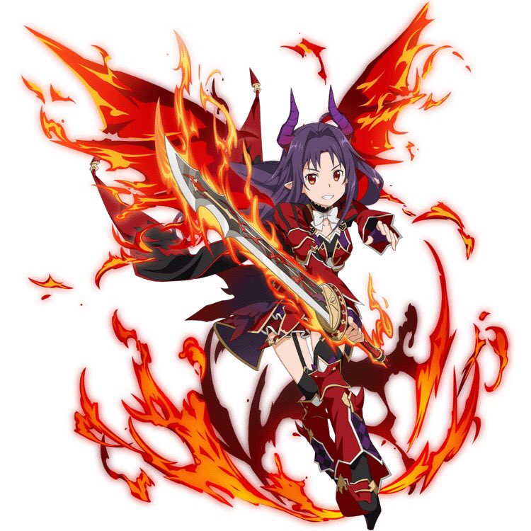 1girl ahoge black_legwear bow bowtie cape choker collarbone fiery_wings fingerless_gloves fire floating_hair full_body garter_straps gloves grin high_heels holding holding_sword holding_weapon horns leaning_forward leg_up long_hair looking_at_viewer miniskirt pleated_skirt pointy_ears purple_gloves purple_hair red_eyes red_skirt red_wings simple_background skirt smile solo standing sword sword_art_online sword_art_online:_code_register thigh-highs weapon white_background white_bow white_neckwear wings yuuki_(sao)