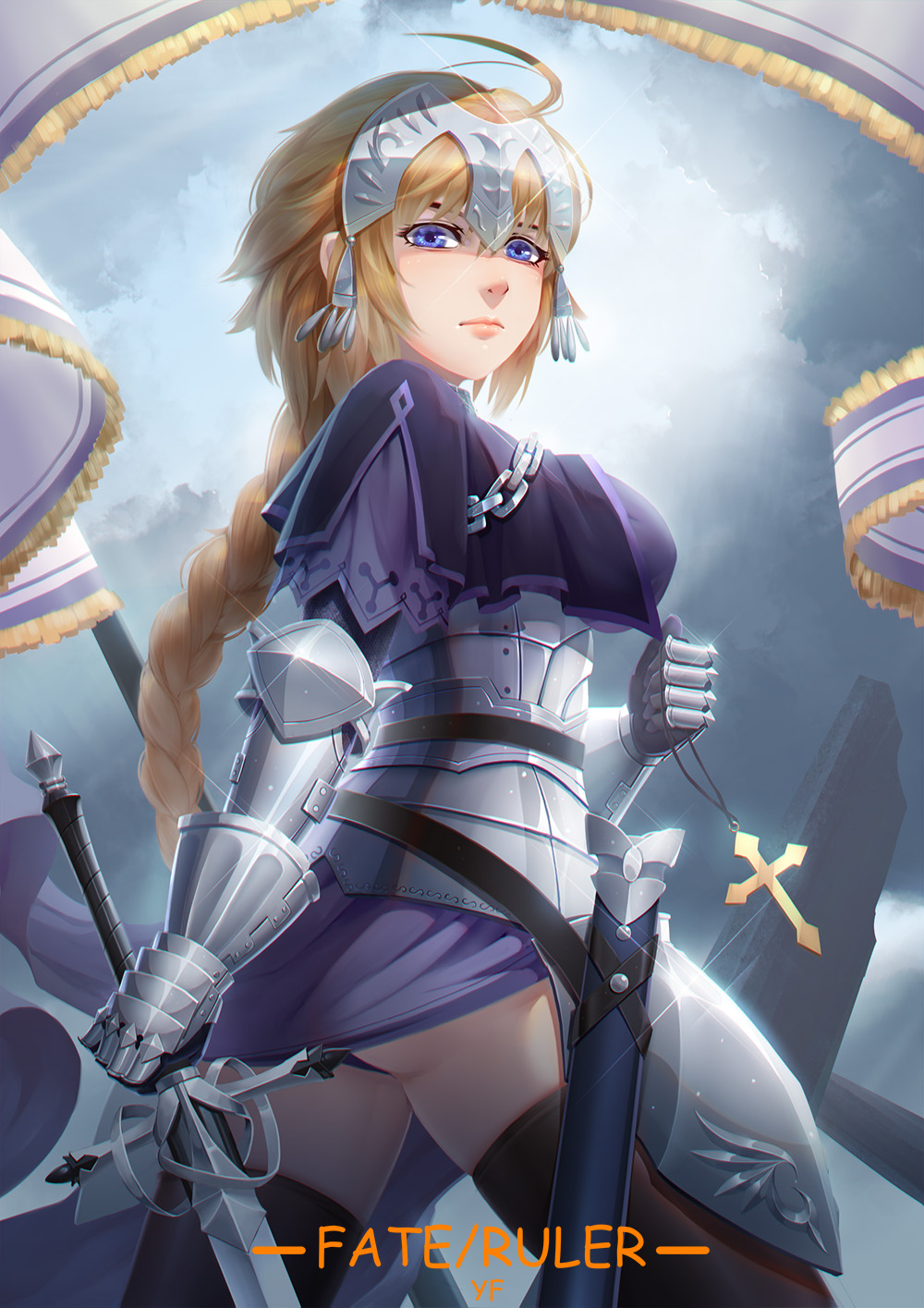 1girl ahoge armor armored_dress ass baschyf blonde_hair blue_dress blue_eyes blue_sky braid breastplate breasts chains closed_mouth clouds commentary cross cross_necklace dress english_commentary fate/apocrypha fate/grand_order fate_(series) faulds flag gauntlets headpiece highres holding holding_necklace holding_sword holding_weapon jeanne_d'arc_(fate) jeanne_d'arc_(fate)_(all) jewelry large_breasts long_braid long_hair looking_at_viewer necklace plackart ruler sheath single_braid sky standard_bearer sword thigh-highs very_long_hair weapon