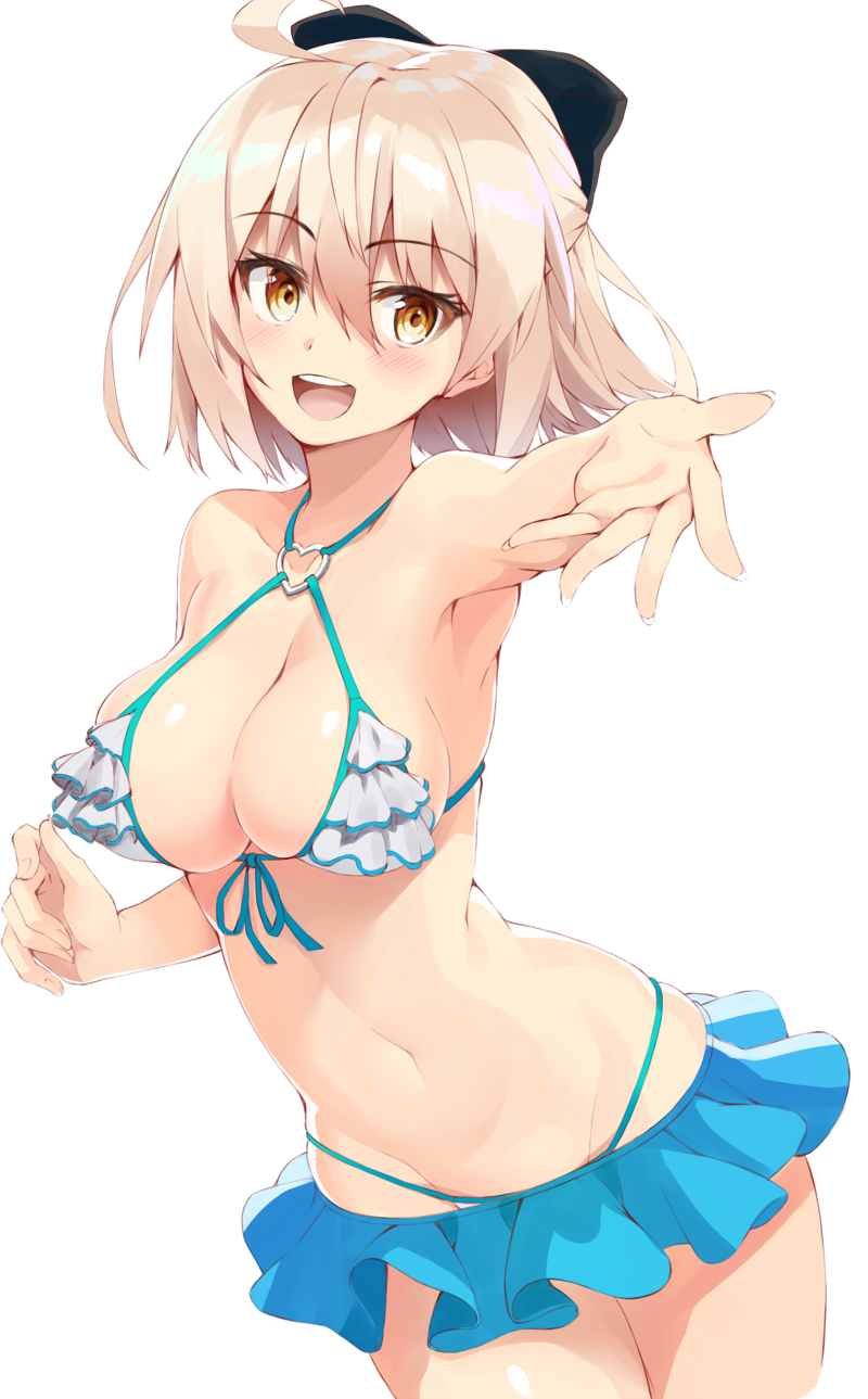 1girl alternate_costume aqua_bikini bangs bare_shoulders bikini bikini_skirt black_bow bow breasts cleavage commentary_request contemporary cowboy_shot criss-cross_halter eyebrows_visible_through_hair fate/grand_order fate_(series) frilled_bikini_top hair_between_eyes hair_bow halterneck highres looking_at_viewer medium_breasts midriff miniskirt navel okita_souji_(fate) okita_souji_(fate)_(all) open_mouth outstretched_arm pink_hair shiny shiny_skin short_hair shunichi simple_background skindentation skirt swimsuit thighs yellow_eyes