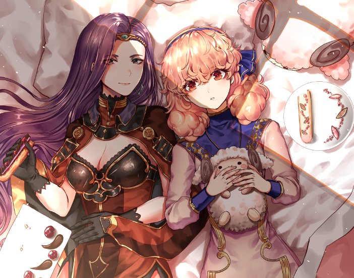 2girls armor breasts brown_eyes cleavage curly_hair dress earrings fire_emblem fire_emblem_echoes:_mou_hitori_no_eiyuuou gloves hairband jenny_(fire_emblem) jewelry large_breasts long_hair multiple_girls necklace pink_hair purple_hair simple_background smile sonia_(fire_emblem_gaiden) tiara violet_eyes wanini