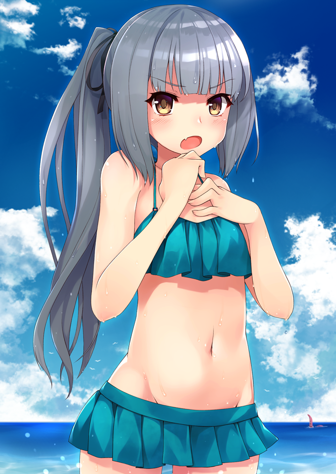 1girl bangs bare_arms bare_shoulders bikini bikini_skirt black_ribbon blue_bikini blue_sky blunt_bangs blush brown_hair clouds collarbone commentary_request day eyebrows_visible_through_hair fang fingernails groin hair_ribbon hands_up horizon kantai_collection kasumi_(kantai_collection) long_hair looking_at_viewer mofu_namako navel ocean open_mouth outdoors ribbon side_ponytail sidelocks silver_hair sky solo swimsuit tentacle v-shaped_eyebrows very_long_hair water wet