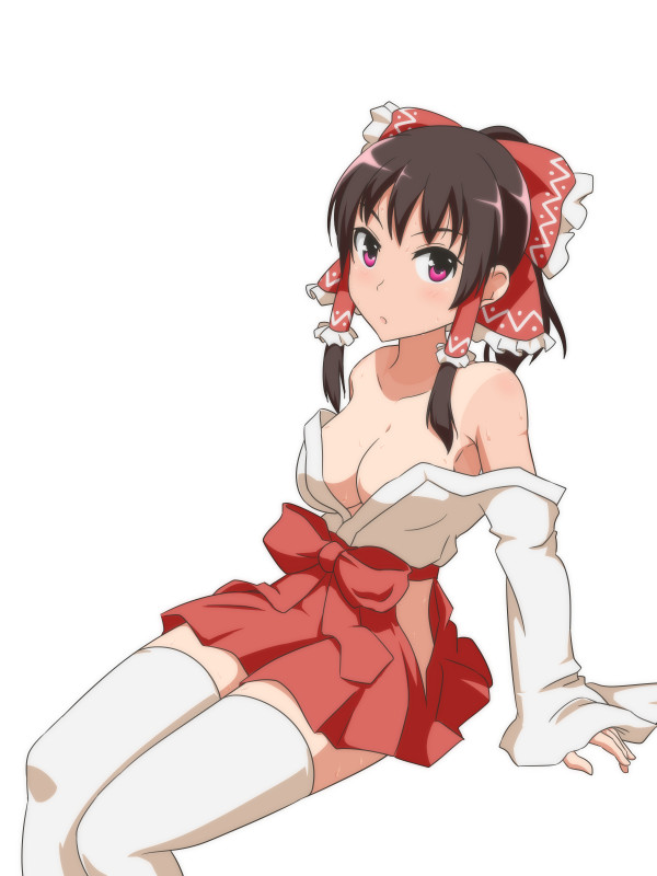 1girl arm_support bangs bow breasts brown_hair cato_(monocatienus) cropped_legs eyebrows_visible_through_hair hair_tubes hakurei_reimu long_sleeves looking_at_viewer simple_background sitting solo thigh-highs touhou twintails violet_eyes white_background white_legwear