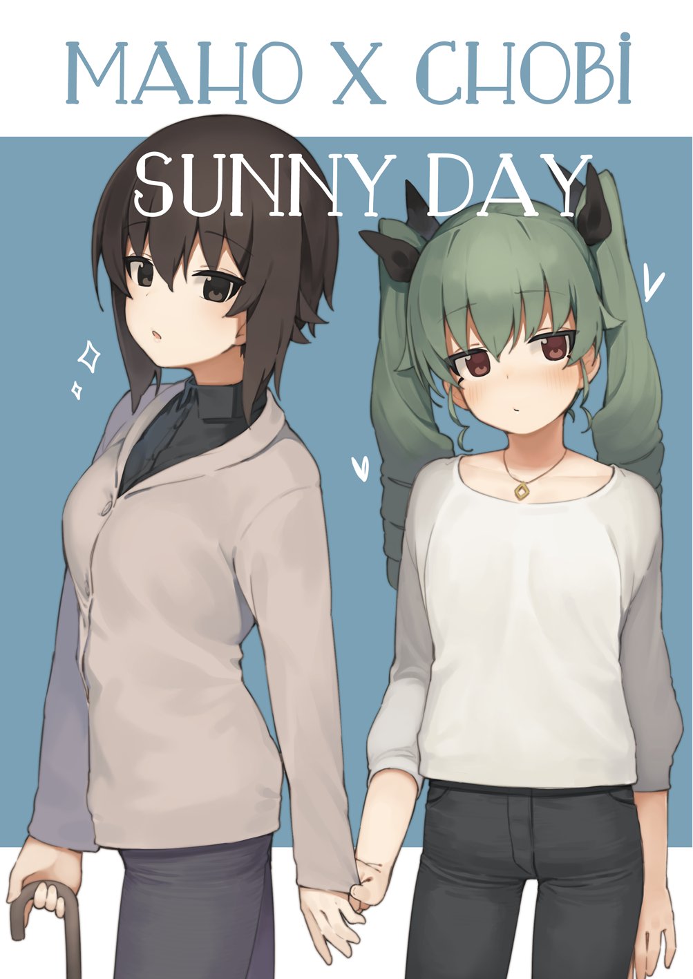2girls anchovy blush brown_eyes brown_hair cane casual character_name commentary_request cover cover_page cowboy_shot drill_hair english girls_und_panzer green_hair hand_holding heart highres jewelry long_hair long_sleeves looking_away medium_hair multiple_girls necklace nishizumi_maho open_mouth sample seramikku twin_drills yuri