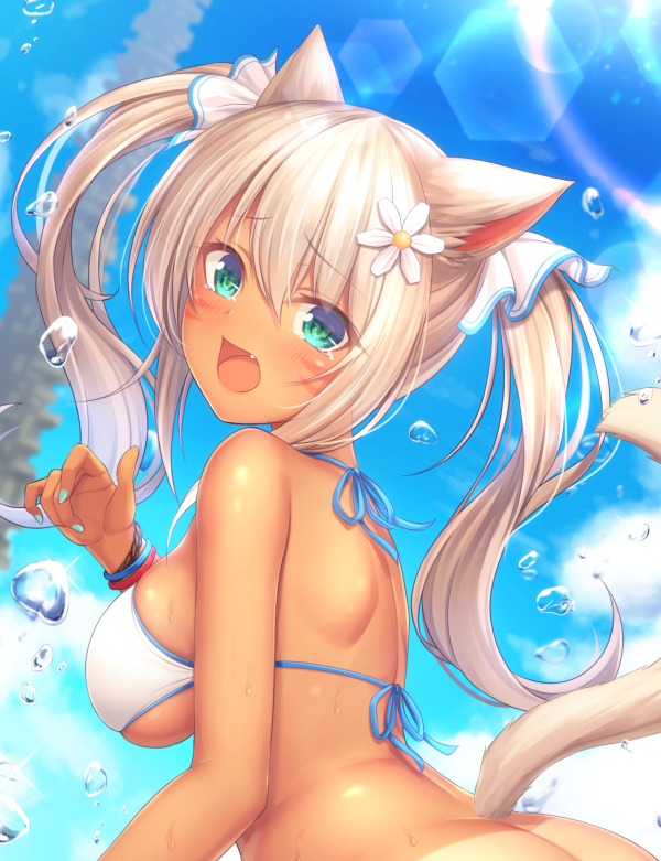 1girl animal_ears ass bangs bikini blue_eyes blue_sky blush bottomless breasts cat_ears cat_tail clouds commentary_request dark_skin day eyebrows_visible_through_hair facial_mark final_fantasy final_fantasy_xiv from_side hair_between_eyes large_breasts long_hair looking_at_viewer miqo'te mutsuba_fumi nail_polish open_mouth outdoors skindentation sky solo standing swimsuit tail tan tanline twintails whisker_markings white_hair