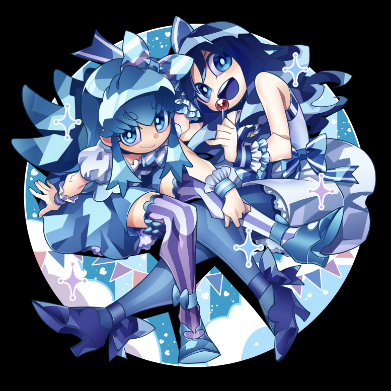 2girls :d blue_eyes blue_hair bow candy dress eyebrows_visible_through_hair food foreshortening hair_between_eyes hair_bow hair_ornament hairband happinesscharge_precure! heart heartcatch_precure! high_heels kurumi_erika lollipop looking_at_viewer lying multiple_girls ninomae open_mouth perspective precure puffy_short_sleeves puffy_sleeves round_teeth shirayuki_hime short_sleeves sitting sleeveless smile teeth thick_eyebrows thigh-highs upper_teeth wrist_cuffs